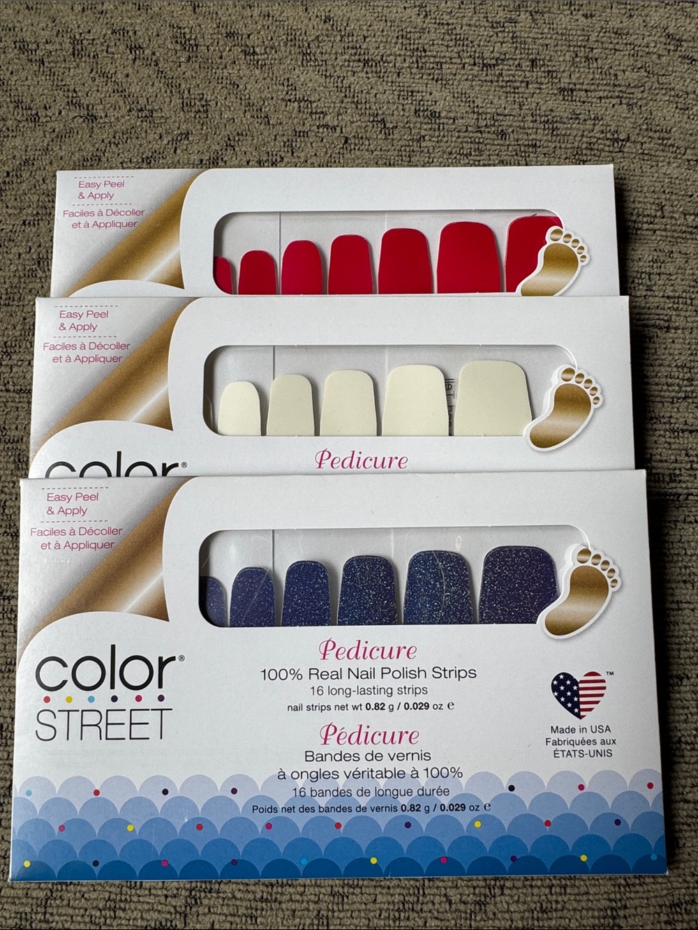 Color Street Pedicure Nail Strips - Red, White & Navy Shimmer Trio - NIP